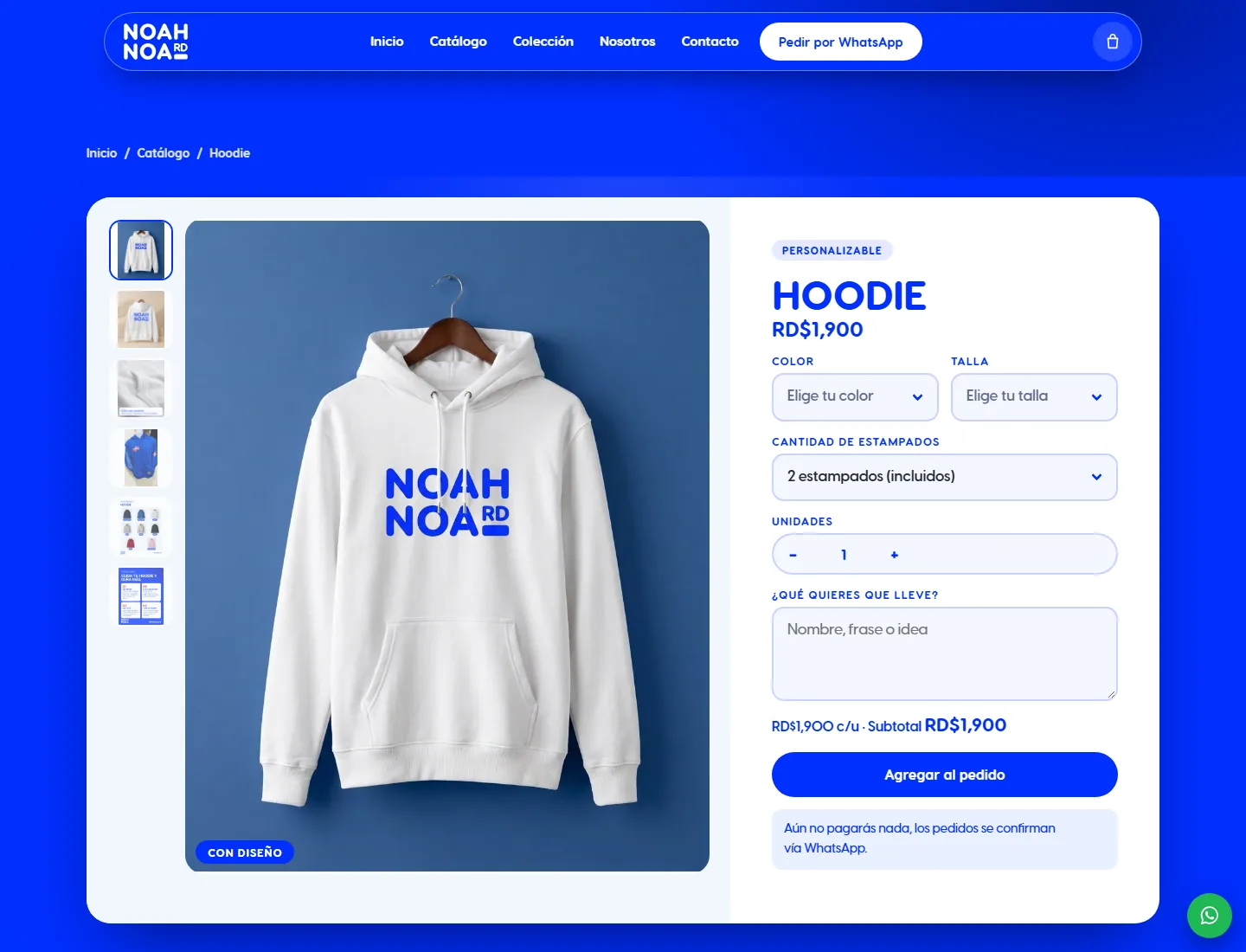 Página de producto de Noahnoard con selección de color, talla y pedido
